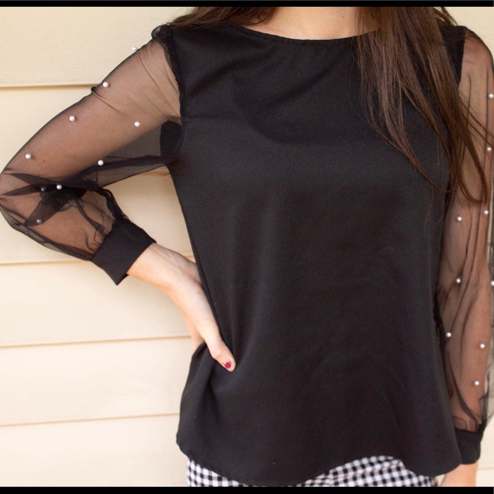 SHEIN Pearl Beaded Mesh Sleeve Top